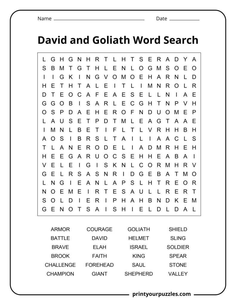 Medium David and Goliath word search puzzle with words like armor, shepherd, stone, and battle.