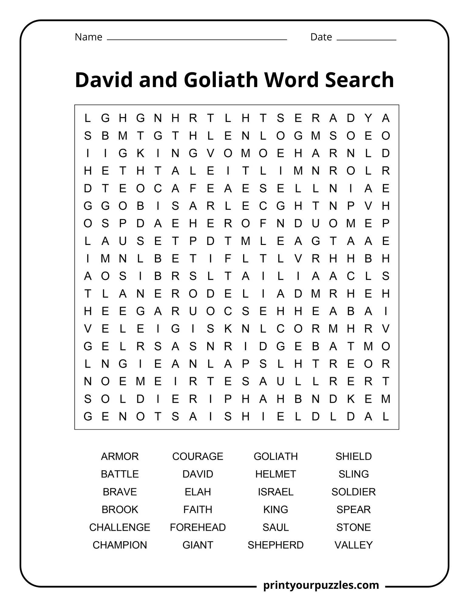 Medium David and Goliath word search puzzle with words like armor, shepherd, stone, and battle.