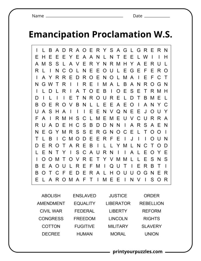 Hard Emancipation Proclamation word search printable with 24 Civil War and freedom-related terms.
