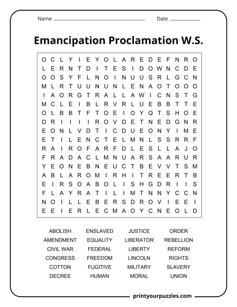 Medium Emancipation Proclamation word search printable with 24 freedom and Civil War vocabulary words.