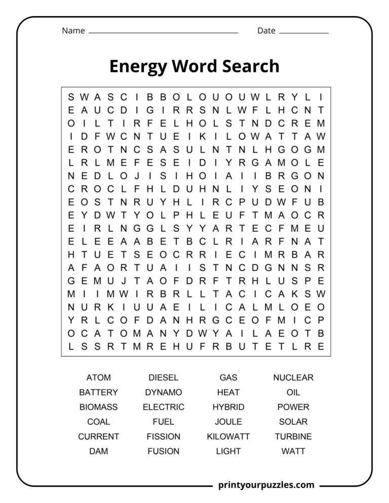 Energy Word Search | Print Your Puzzles
