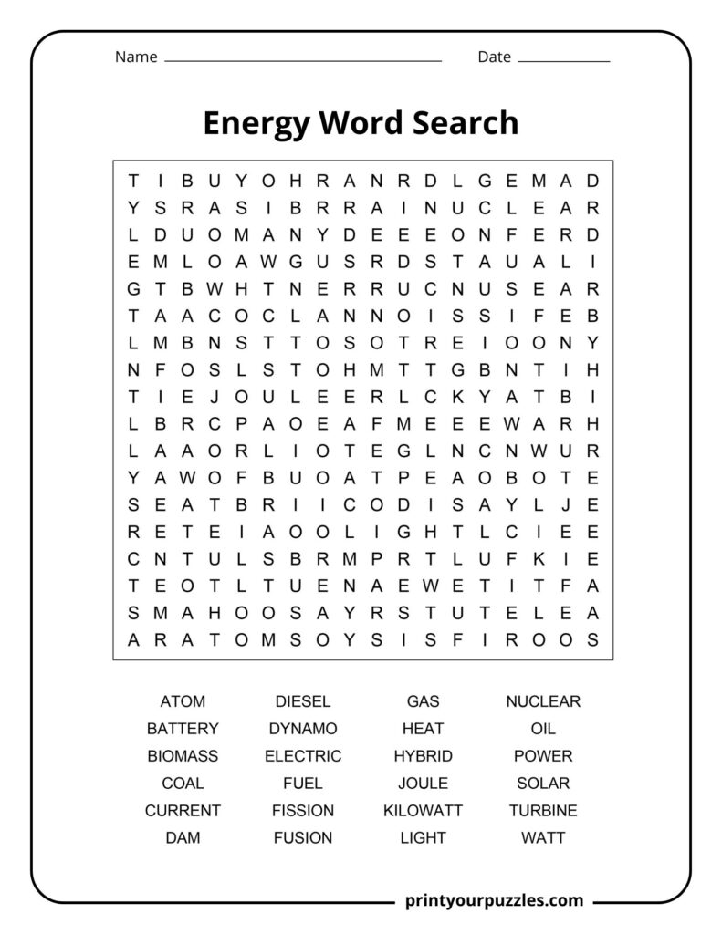 Medium energy word search printable with terms like solar, battery, current, fuel, and electricity.