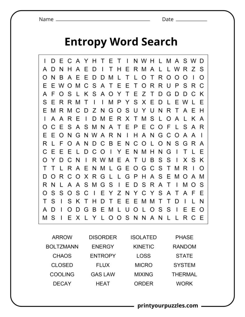 Hard entropy word search printable with physics terms like Boltzmann, entropy, thermal energy, and disorder.