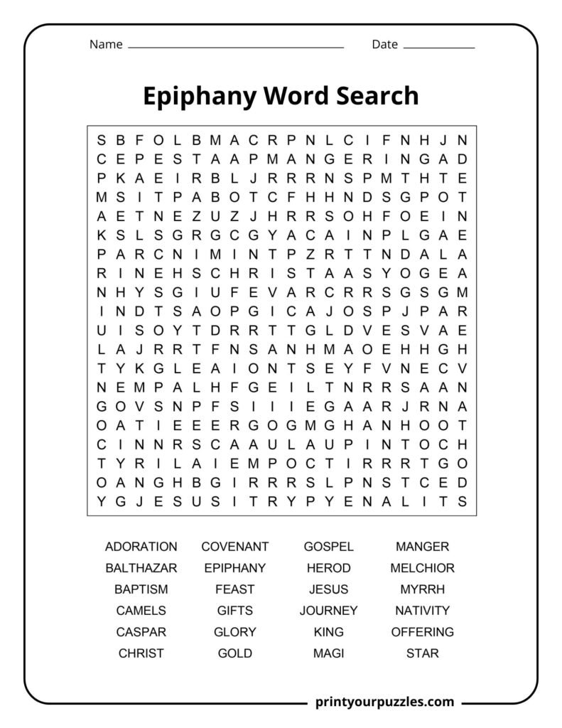 Hard Epiphany word search puzzle with large grid and words like Magi, gold, myrrh, star, and nativity.