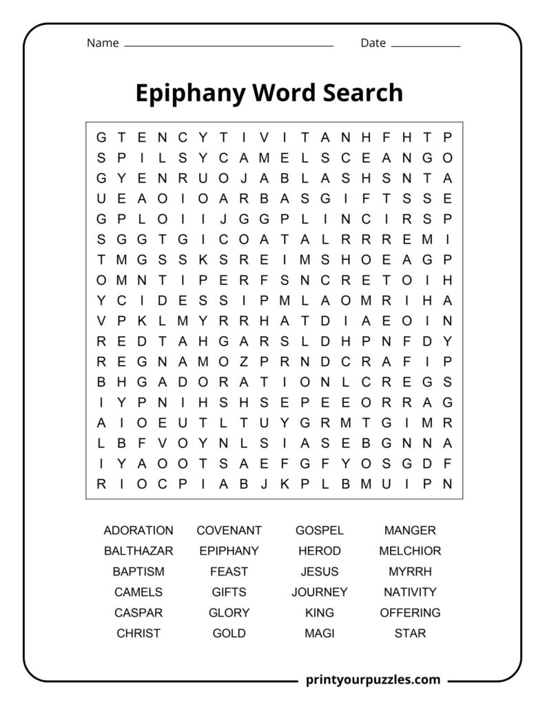 Medium Epiphany word search puzzle with clear grid and words like camels, gifts, Jesus, star, and adoration.
