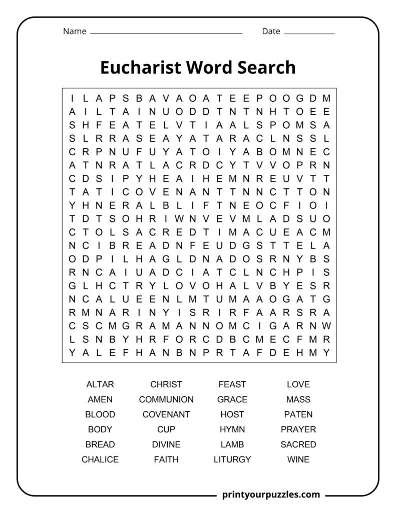 Hard Eucharist word search puzzle with 20x20 grid and 24 words like communion, chalice, bread, and wine.