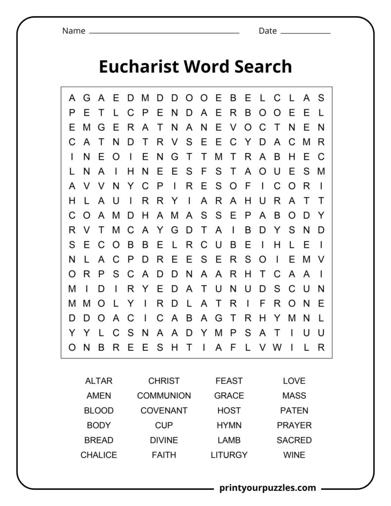 Medium Eucharist word search puzzle with grid and words like mass, host, grace, and liturgy.