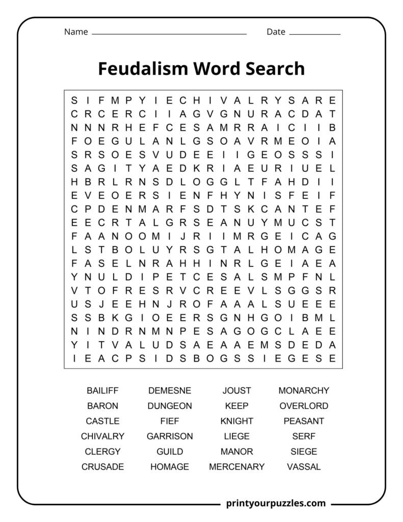 Hard Feudalism word search puzzle with 20x20 grid and 24 medieval terms like knight, vassal, manor, and chivalry.