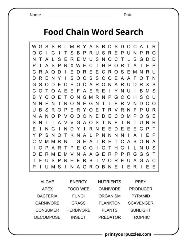 Hard food chain word search printable with ecology terms like predator, consumer, trophic, and nutrients.