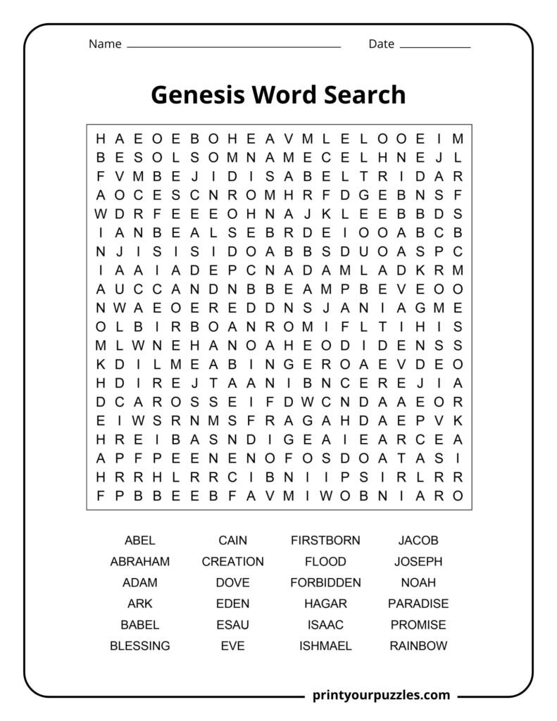 Hard Genesis word search puzzle with large grid and terms like Abraham, Eden, Noah, and creation.