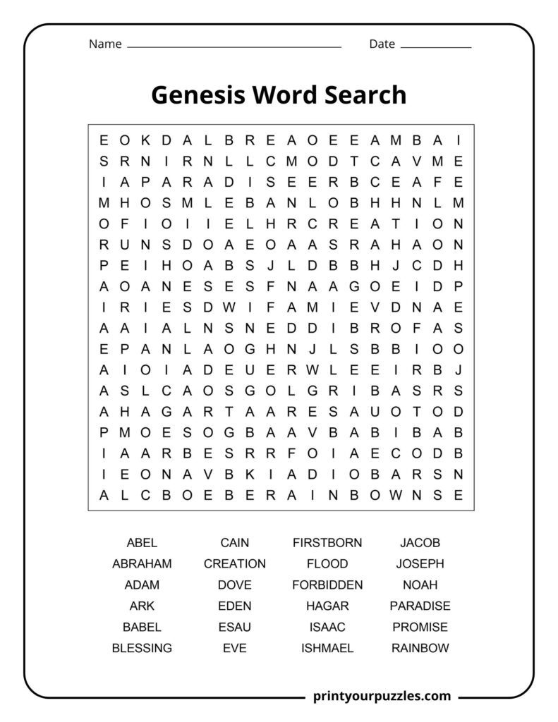 Medium Genesis word search puzzle with balanced grid and words like Adam, Eve, ark, and rainbow.