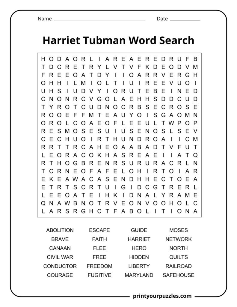 Hard Harriet Tubman word search printable with 24 terms about freedom, courage, and the Underground Railroad.