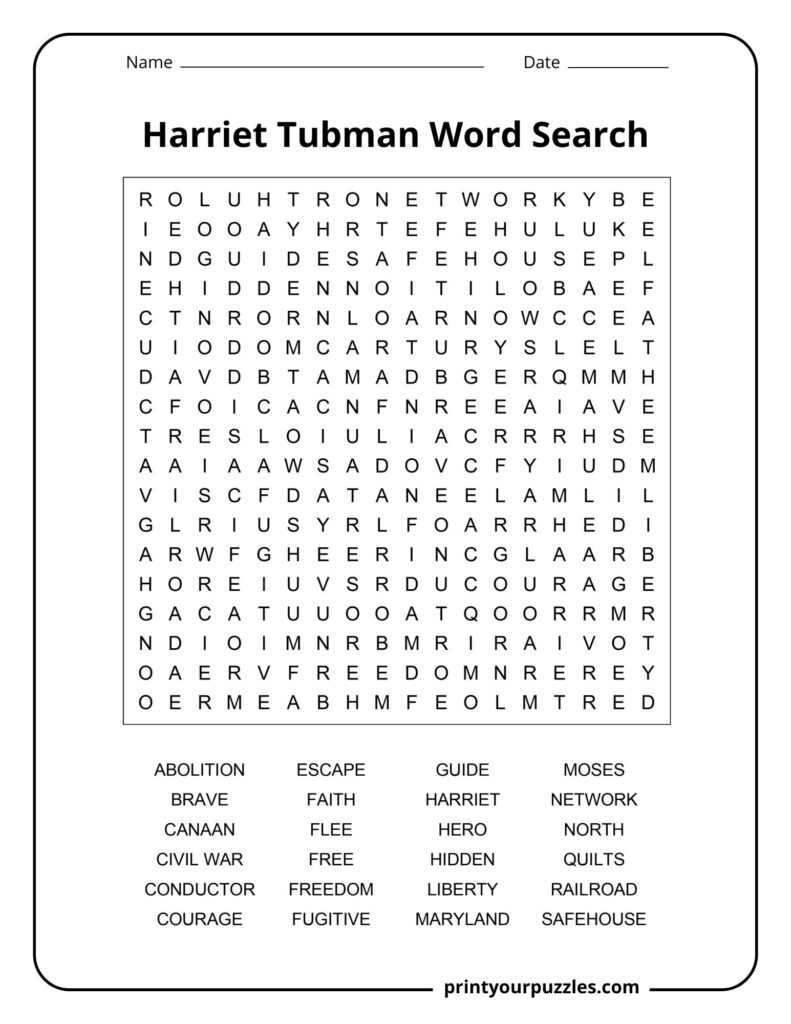 Medium Harriet Tubman word search printable with 24 themed vocabulary words in a readable puzzle grid.