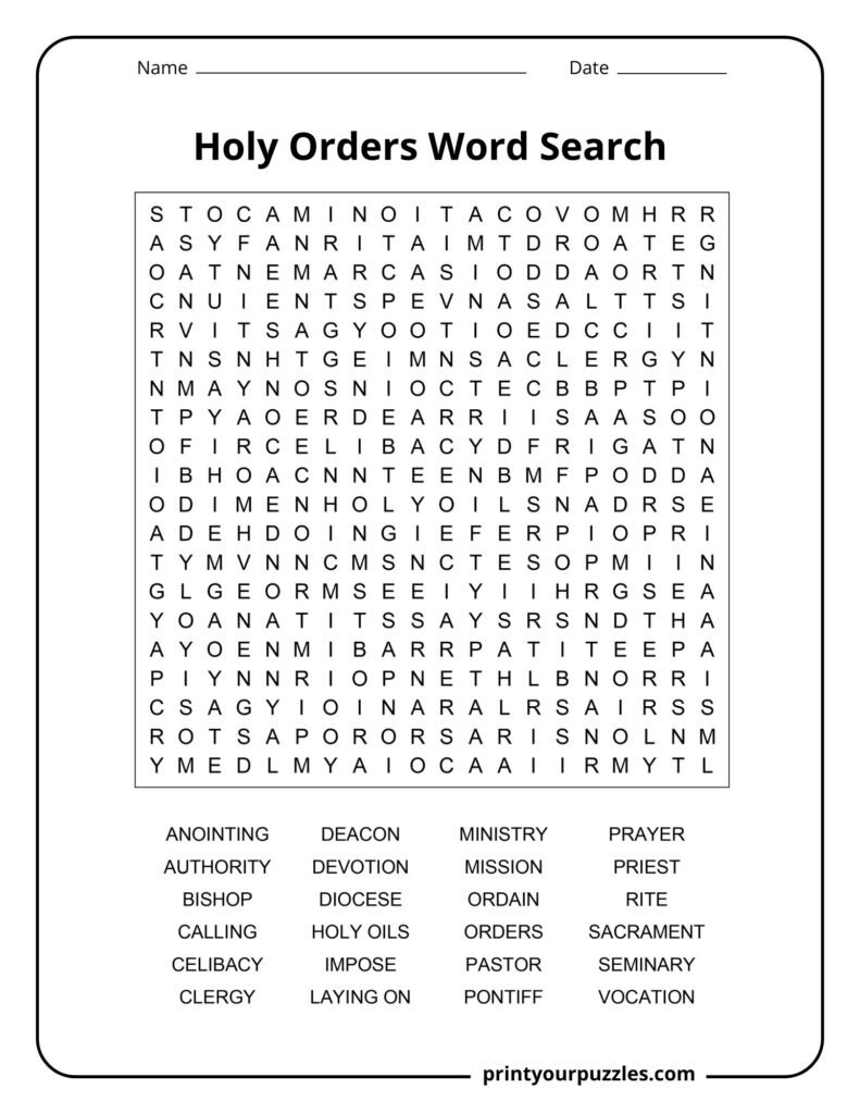 Hard Holy Orders word search puzzle with 20x20 grid and 24 words like priest, bishop, vocation, and ministry.
