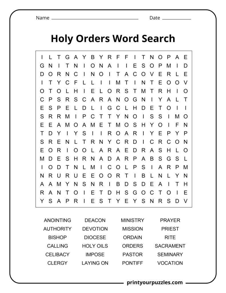 Medium Holy Orders word search puzzle with grid and words like deacon, pastor, seminary, and prayer.