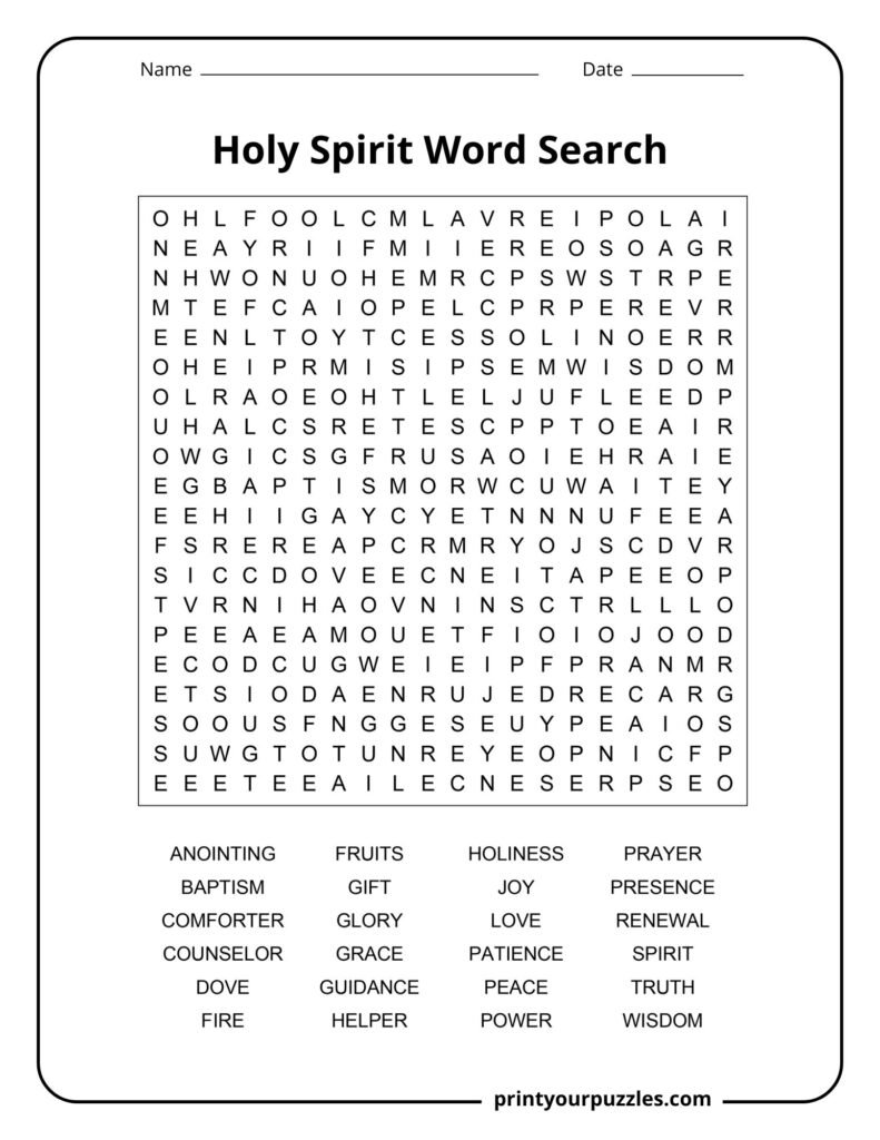 Hard Holy Spirit word search puzzle with 20x20 grid and words like wisdom, baptism, guidance, and presence.