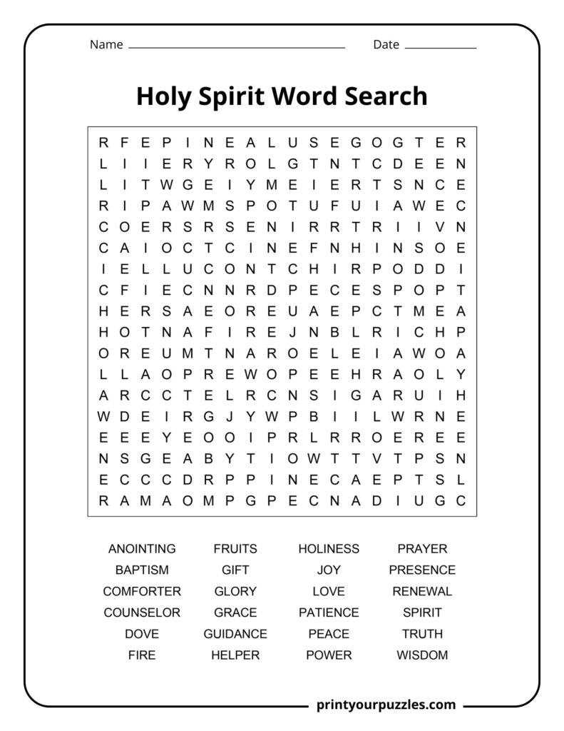 Medium Holy Spirit word search puzzle with grid and words like love, peace, grace, and truth.