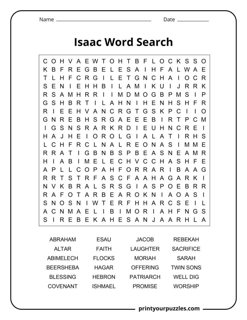 Hard Isaac word search puzzle with 20x20 grid and 24 biblical words like Abraham, covenant, and sacrifice.