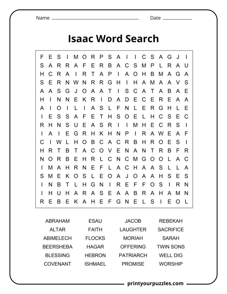 Medium Isaac word search puzzle with grid and words like Jacob, Rebekah, flocks, and blessing.