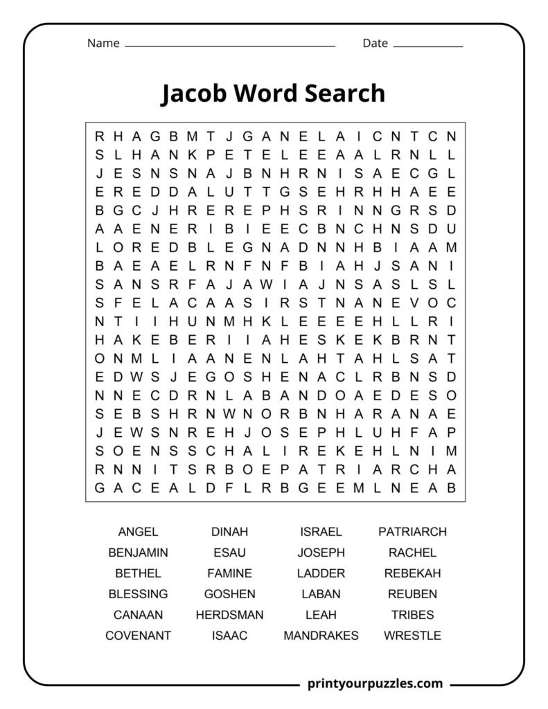 Hard Jacob word search puzzle with 20x20 grid and 24 biblical words like Israel, Joseph, and covenant.