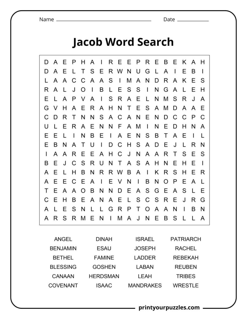 Medium Jacob word search puzzle with grid and words like Rachel, ladder, blessing, and tribes.
