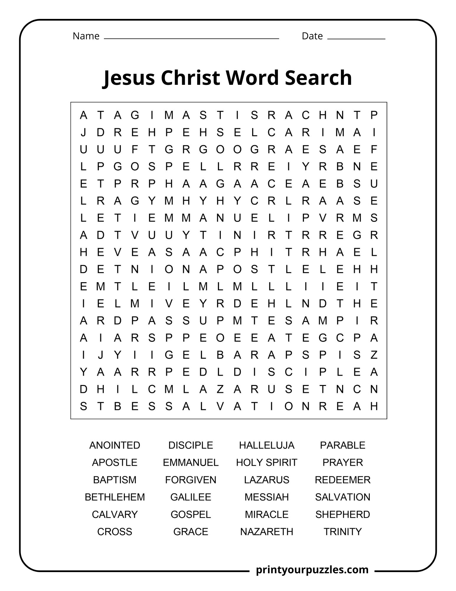 Medium Jesus Christ word search puzzle with balanced grid and words like grace, disciple, miracle, and prayer.