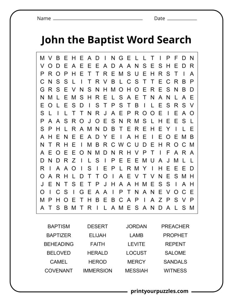Hard John the Baptist word search puzzle with large grid and terms like baptism, prophet, Jordan, and Messiah.