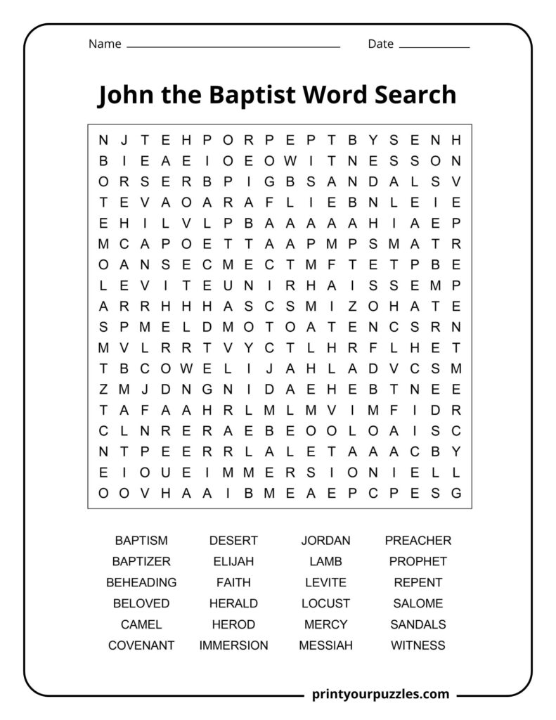 Medium John the Baptist word search puzzle with balanced grid and words like desert, camel, herald, and faith.