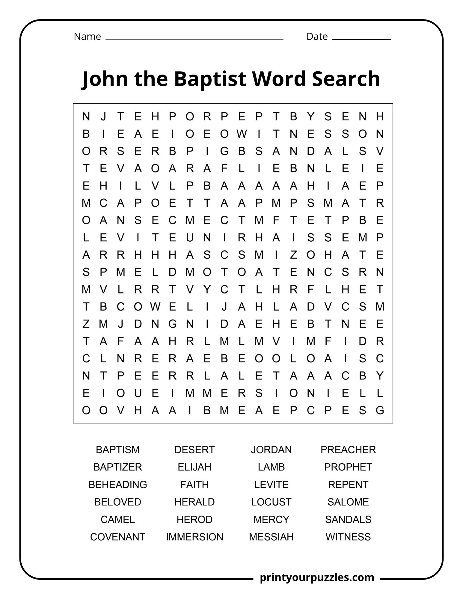 Medium John the Baptist word search puzzle with balanced grid and words like desert, camel, herald, and faith.