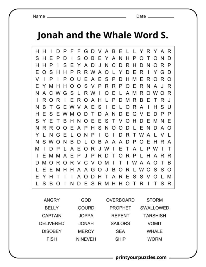 Hard Jonah and the Whale word search puzzle with large grid and words like Nineveh, storm, whale, and prophet.