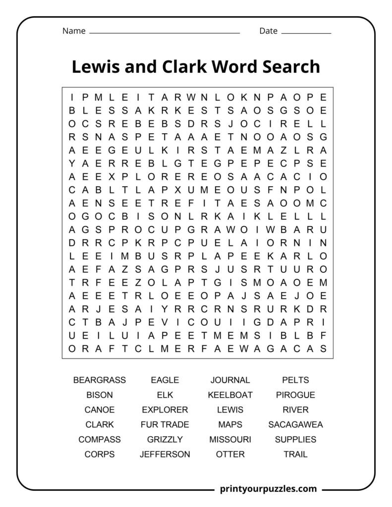Hard Lewis and Clark word search printable with 24 expedition and exploration-themed vocabulary words.