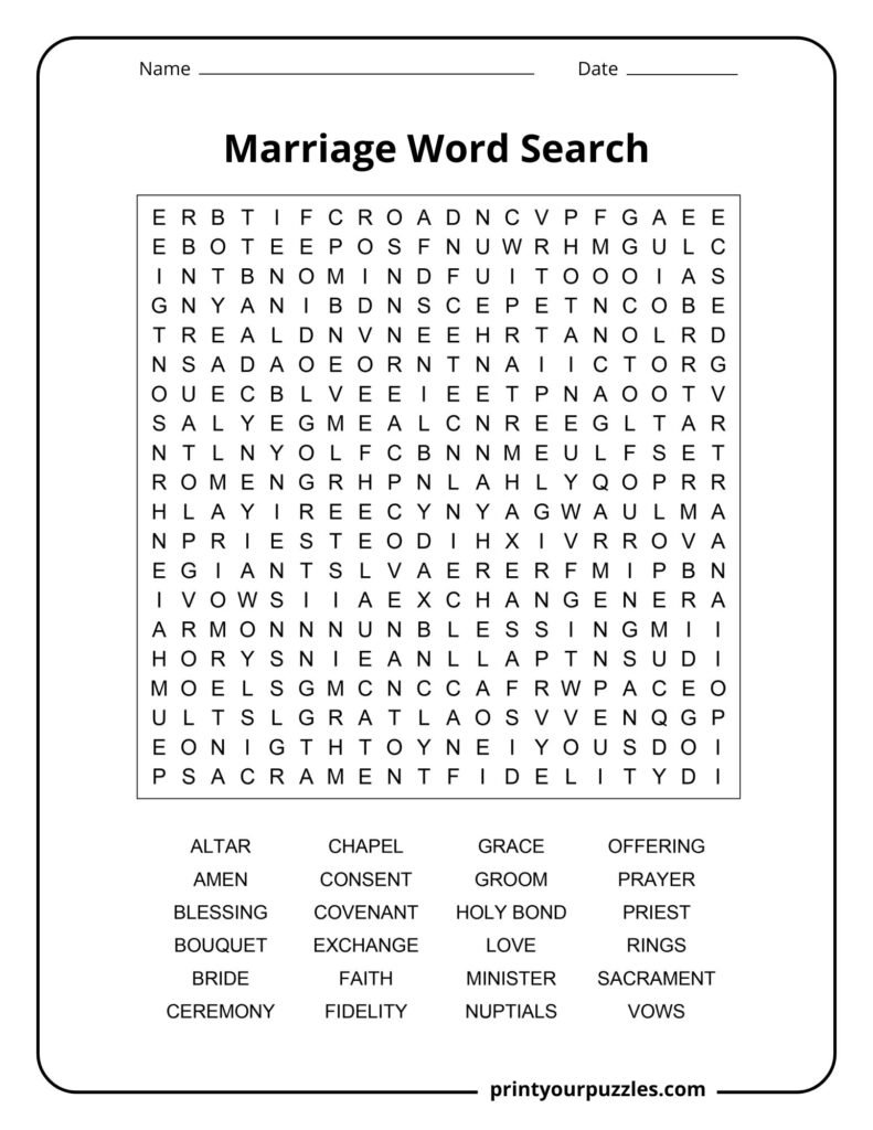 Hard Marriage word search puzzle with 20x20 grid and 24 words like bride, groom, vows, and sacrament.