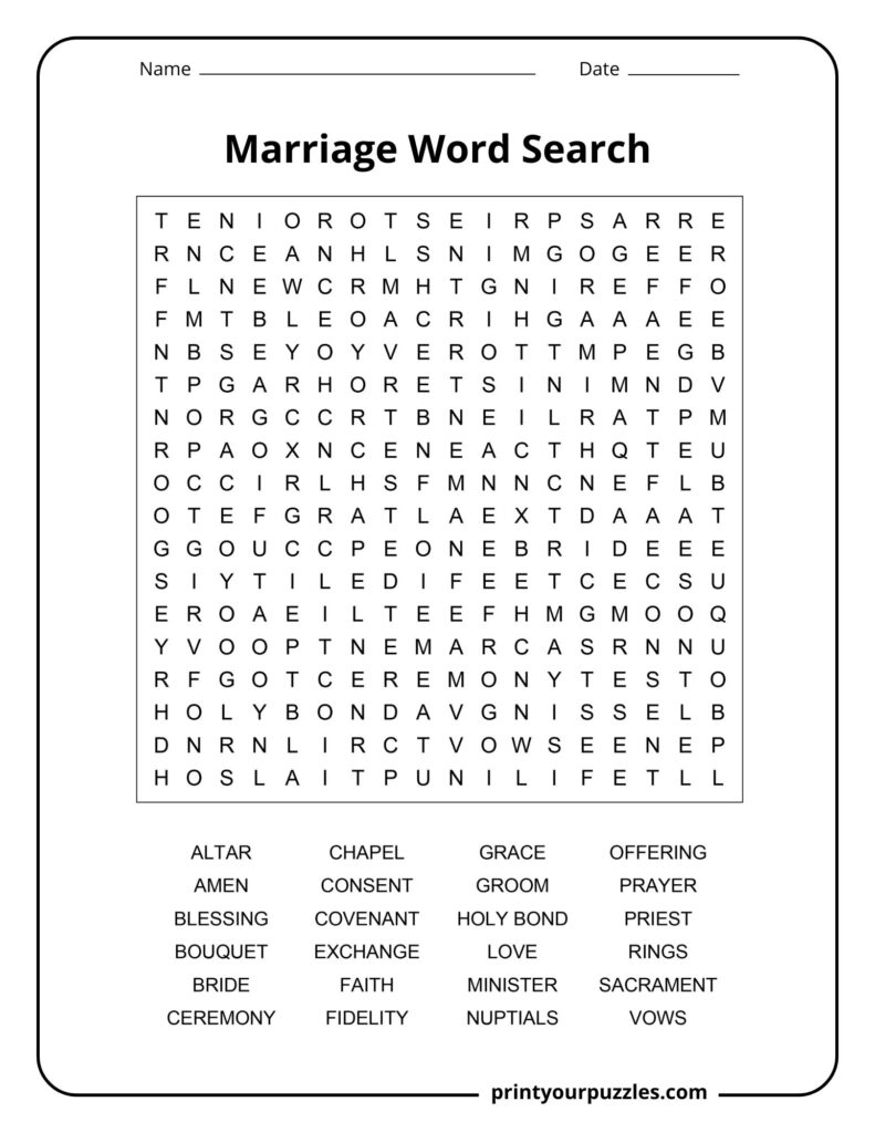 Medium Marriage word search puzzle with grid and words like rings, love, ceremony, and chapel.