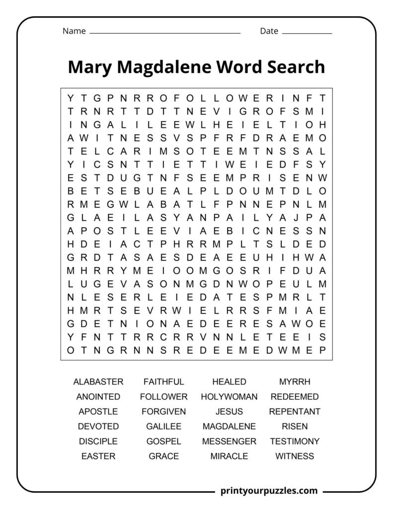 Hard Mary Magdalene word search puzzle with large grid and terms like disciple, gospel, redeemed, and witness.