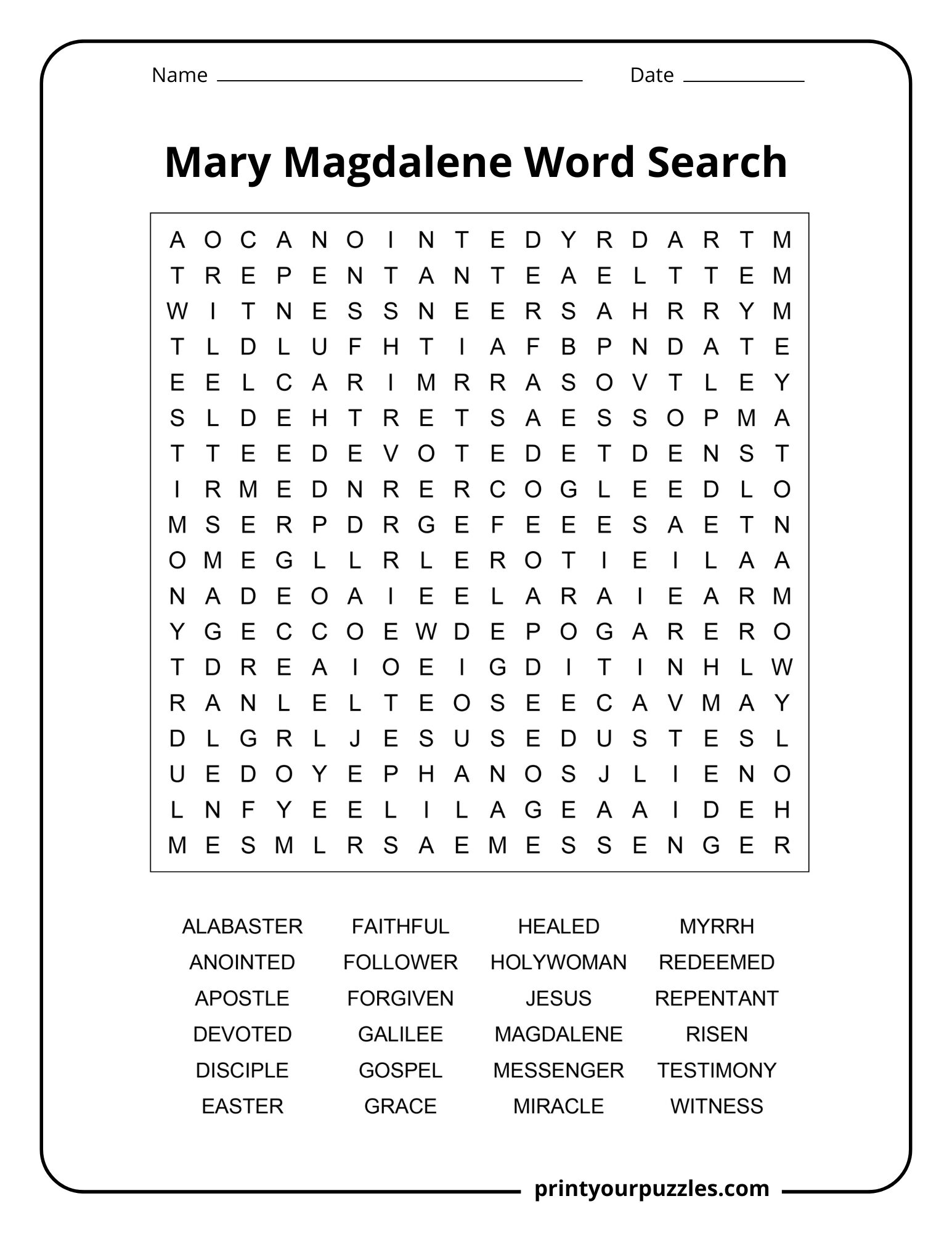 Medium Mary Magdalene word search puzzle with balanced grid and words like faith, grace, messenger, and Jesus.
