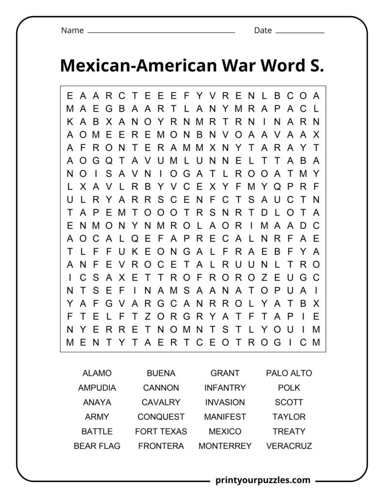 Hard Mexican-American War word search printable with 24 battle and history-related vocabulary terms.