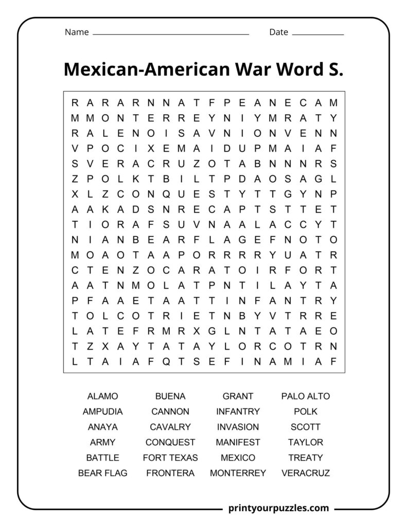 Medium Mexican-American War word search printable with 24 history vocabulary words in a readable grid.