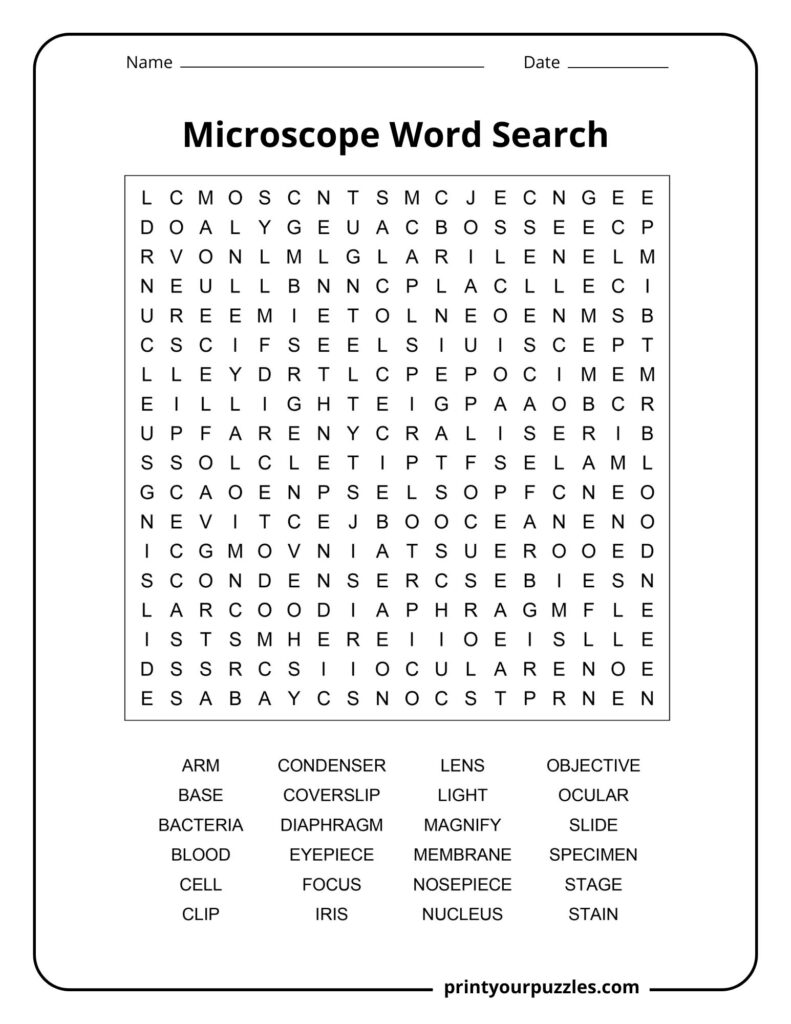 Medium microscope word search printable with terms like lens, slide, stage, focus, and bacteria.
