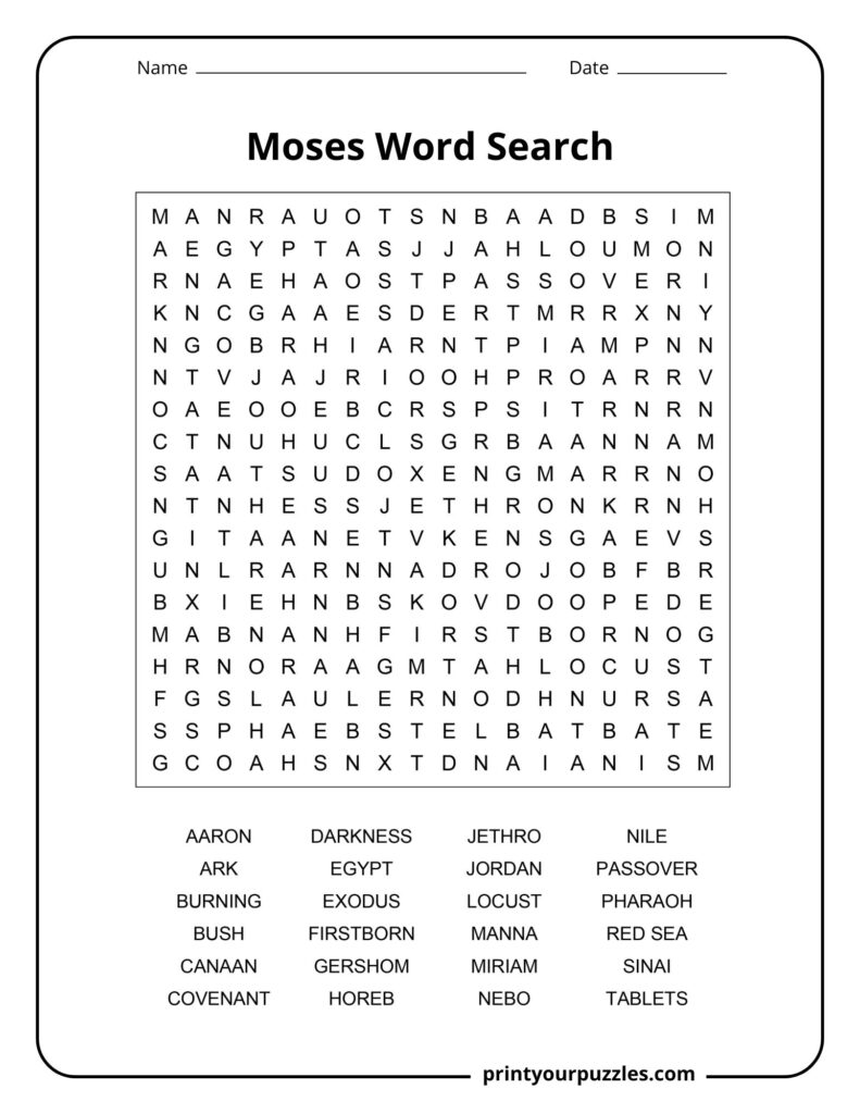 Medium Red Sea Crossing word search puzzle with balanced grid and biblical terms like Egypt, sea, and freedom.