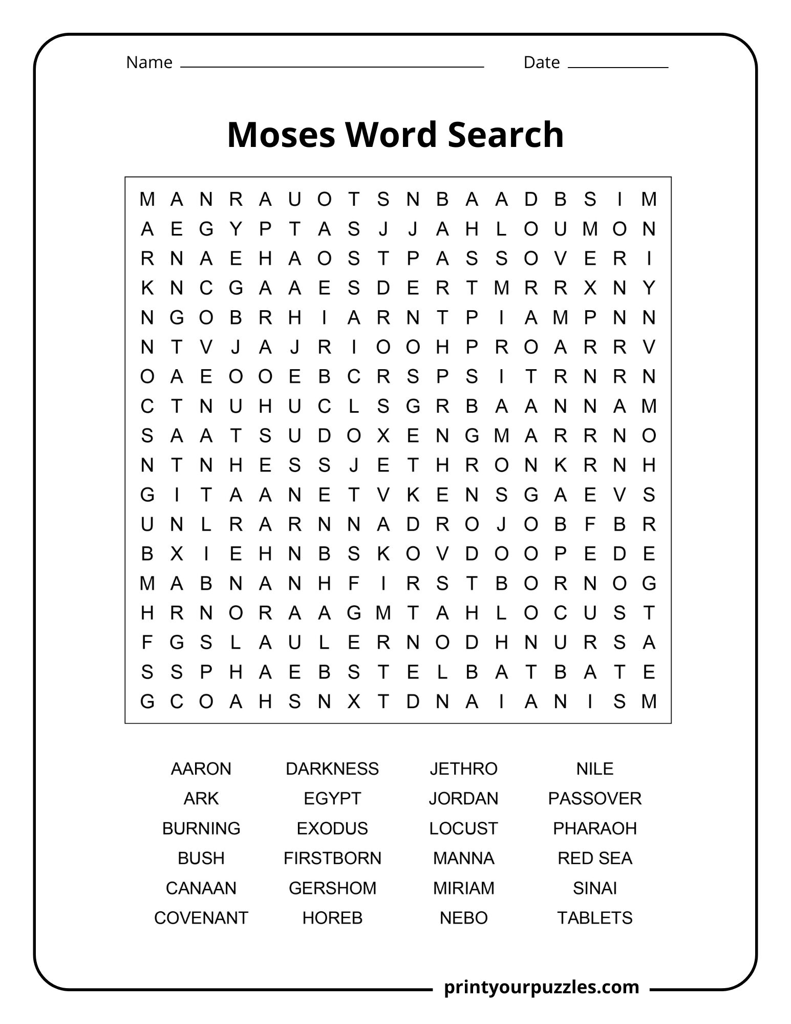 Medium Red Sea Crossing word search puzzle with balanced grid and biblical terms like Egypt, sea, and freedom.