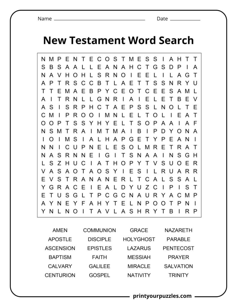 Hard New Testament word search puzzle with large grid and terms like Messiah, gospel, grace, and Pentecost.
