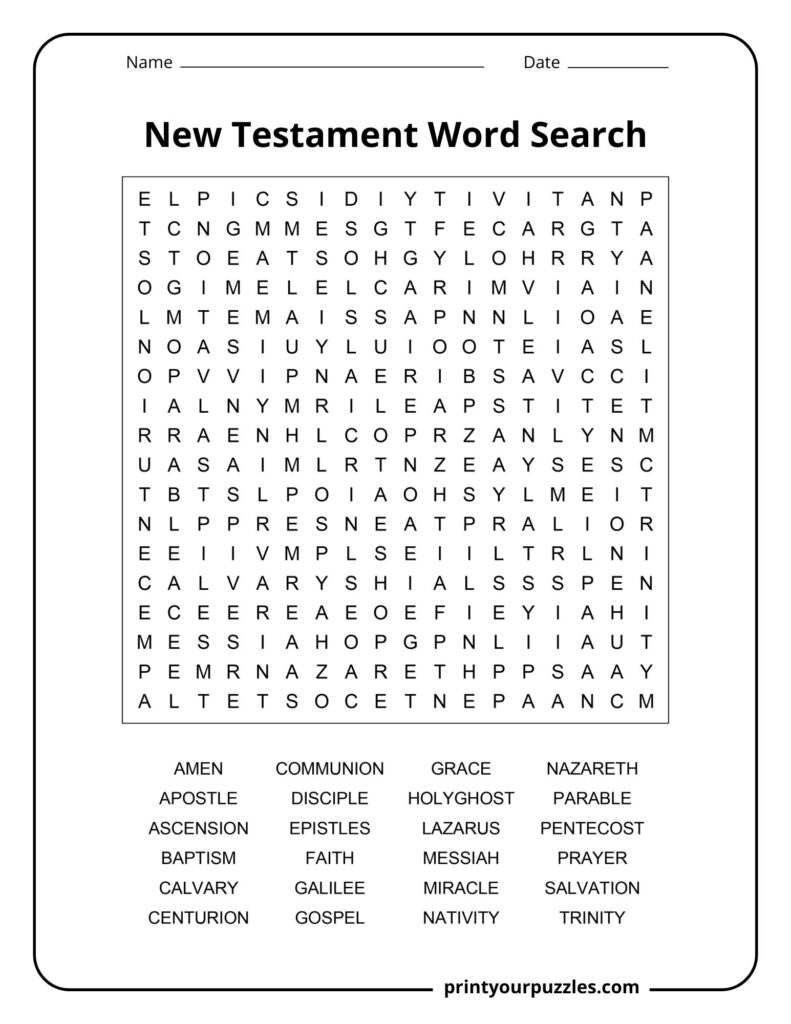 Medium New Testament word search puzzle with balanced grid and words like prayer, faith, gospel, and miracle.