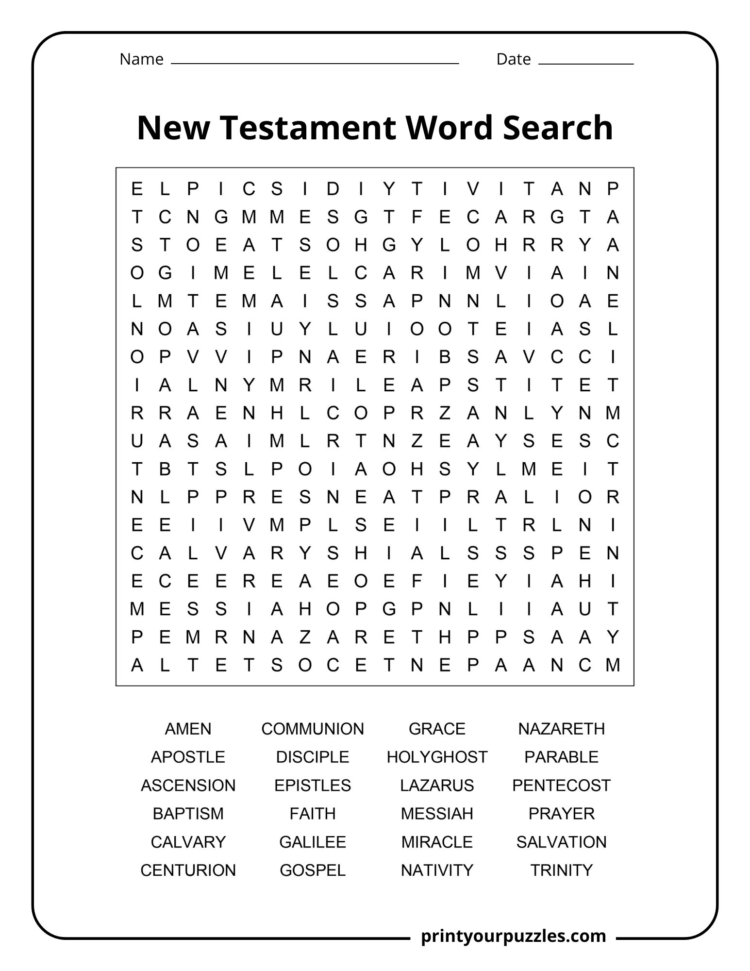 Medium New Testament word search puzzle with balanced grid and words like prayer, faith, gospel, and miracle.