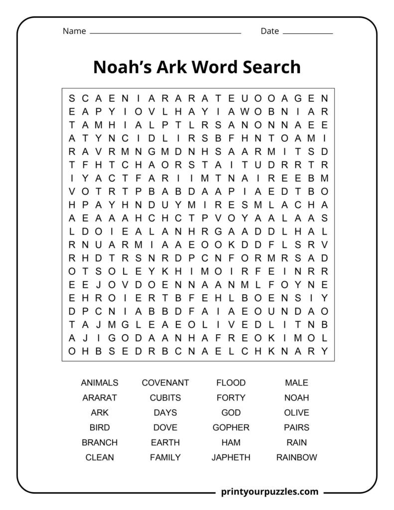 Hard Noah’s Ark word search puzzle with biblical terms like covenant, flood, ark, and rainbow.