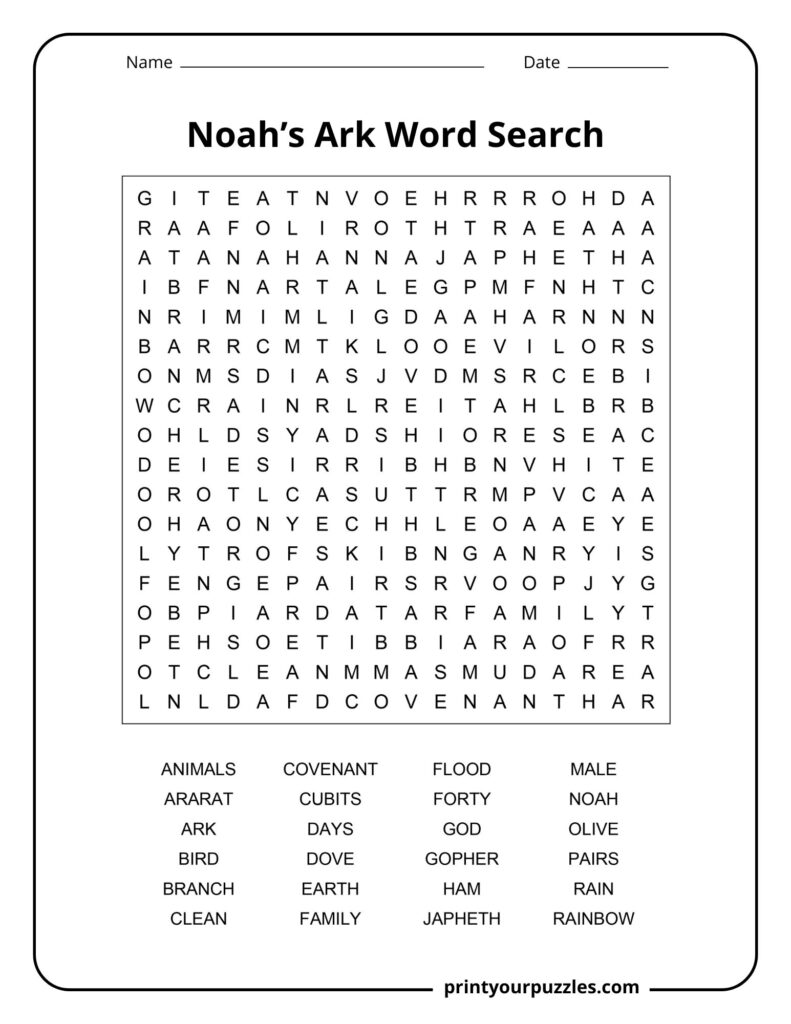 Medium Noah’s Ark word search puzzle with words like animals, rain, ark, dove, and olive.