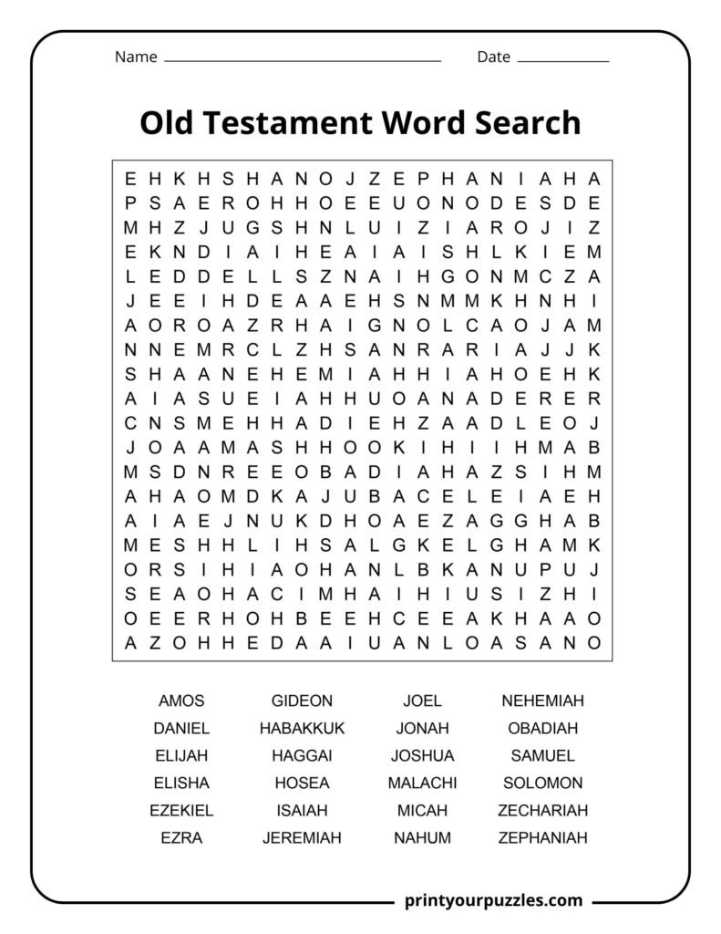 Hard Old Testament word search puzzle with large grid and prophets like Isaiah, Jeremiah, and Ezekiel.