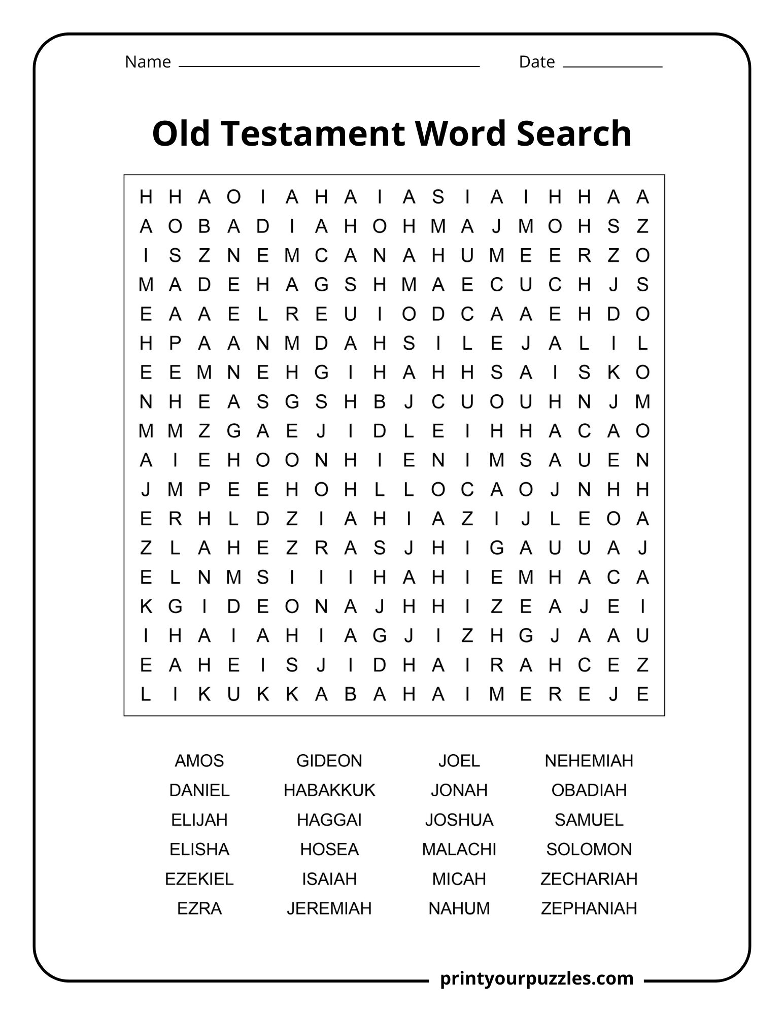 Medium Old Testament word search puzzle with balanced grid and names like Daniel, Jonah, Amos, and Hosea.