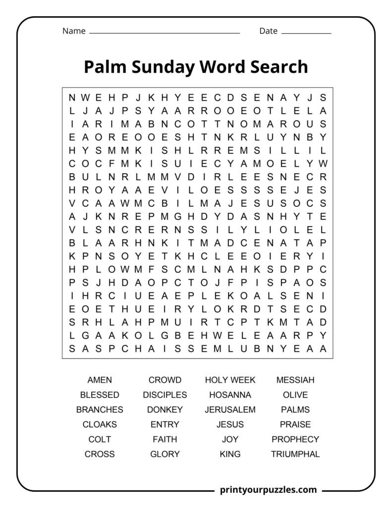 Hard Palm Sunday word search puzzle with large grid and words like Hosanna, Jerusalem, palms, and Messiah.