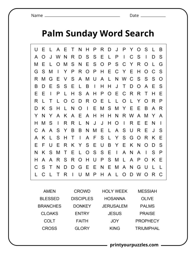 Medium Palm Sunday word search puzzle with clear grid and words like donkey, disciples, praise, and prophecy.