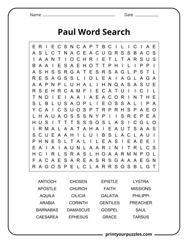 Hard Paul word search puzzle with 20x20 grid and 24 biblical words like apostle, gospel, Tarsus, and Damascus.